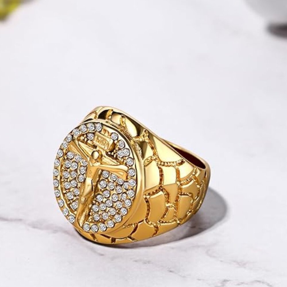 Men's Religious Jesus Cross Ring: Stainless Steel Classic Gold-Tone